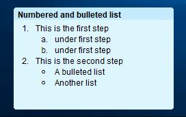 screenshot of bulleted and numbered list